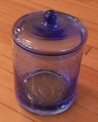 Vintage Hand Blown Blue Glass Covered Jar Bubbles In The Glass