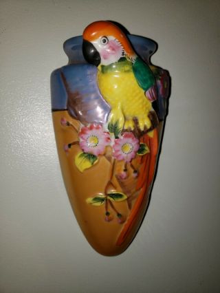 Vintage Porcelain Lusterware 3 - D Parrot Bird Wall Pocket Vase Figurine Japan 2
