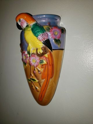 Vintage Porcelain Lusterware 3 - D Parrot Bird Wall Pocket Vase Figurine Japan 3