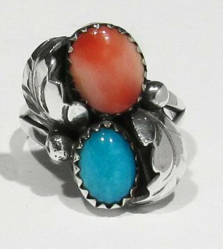 Vintage Signed Navajo 925 Silver Nat Turquoise Angel Skin Coral Feathers Ring 5