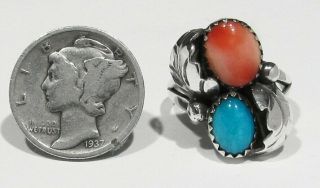 Vintage Signed Navajo 925 Silver NAT Turquoise Angel Skin Coral Feathers Ring 5 2