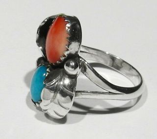 Vintage Signed Navajo 925 Silver NAT Turquoise Angel Skin Coral Feathers Ring 5 3