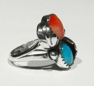 Vintage Signed Navajo 925 Silver NAT Turquoise Angel Skin Coral Feathers Ring 5 4