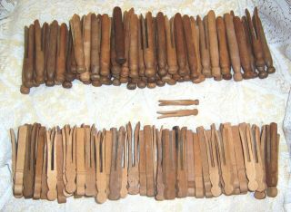 130 Vintage Wooden Clothes Pins 65 Round Head & 65 Flat,  3¾ " To 4 " Usa