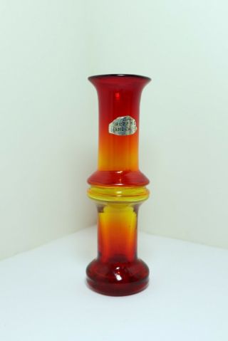 Vintage Blenko Handcrafted Vase Red Yellow Orange Bamboo Shape Pontil