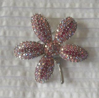 Fabulous Vintage Pave Set Pink Ab Rhinestones Flower Brooch Silvertone Metal
