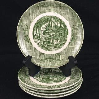 Set Of 5 Vtg Bread Plates Scio Currier & Ives Old Mill Green Plow Maple Sugaring