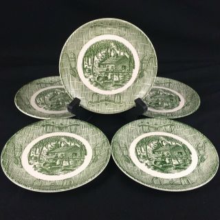 Set of 5 VTG Bread Plates SCIO Currier & Ives Old Mill Green Plow Maple Sugaring 3