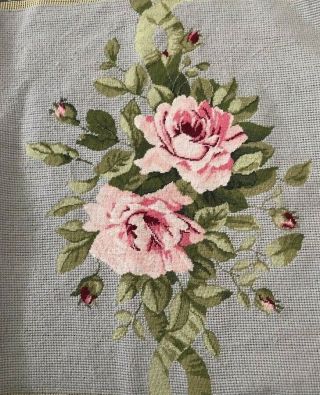 Gorgeous Vtg Preworked Needlepoint Canvas French Chic Pink Roses On Blue 14x16