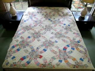 Well,  Needs Some Tlc: Vintage Feed Sack Hand Sewn Wedding Ring Quilt; Twin