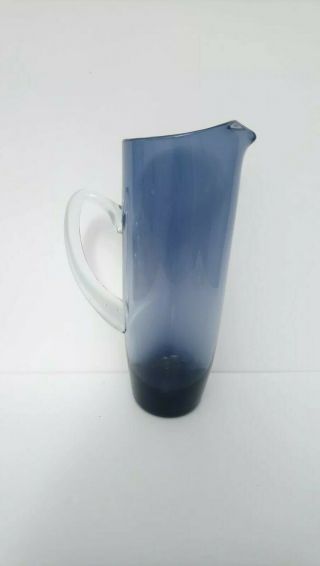 Blue Glass Water Jug Mid Century Modern Scandinavian Vintage Hand Blown Pontil