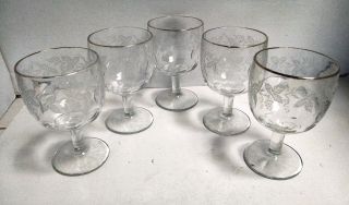 Set Of 5 Goblets Etched Grape Gold Rim Water Wine Dessert Thumbprint Vintage