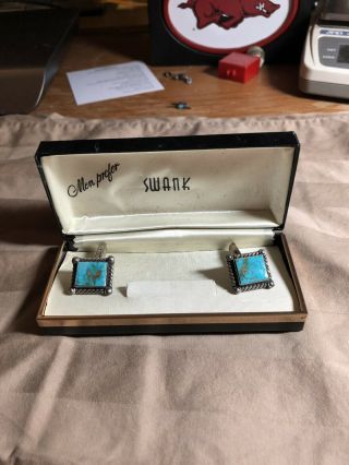 Vintage Sterling Silver And Turquoise Cuff Links