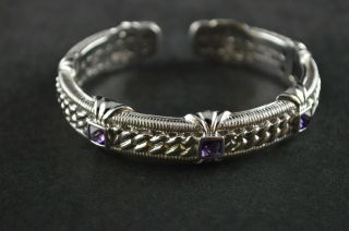 Vintage Sterling Silver Decorative Cuff Bracelet W Purple Stones - 47g