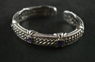 Vintage Sterling Silver Decorative Cuff Bracelet w Purple Stones - 47g 2