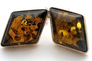 Natural Amber Sterling Silver Pierced Earrings Posts 925 Vintage Diamond Shaped