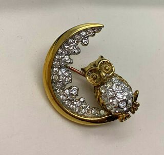 Vintage Jewellery Signed A&s Sparkling Crystal Owl/moon Brooch/pin