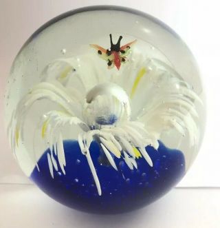 Vintage Hand Blown Glass Paperweight Blue White Yellow Butterfly Design Floral