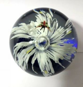 Vintage Hand Blown Glass Paperweight Blue White Yellow Butterfly Design Floral 2