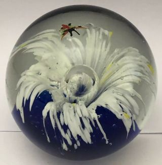 Vintage Hand Blown Glass Paperweight Blue White Yellow Butterfly Design Floral 4