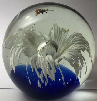 Vintage Hand Blown Glass Paperweight Blue White Yellow Butterfly Design Floral 5
