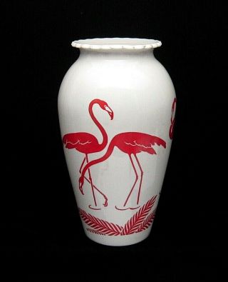 Vintage Anchor Hocking White Milk Glass Red Flamingo 9 " Vase
