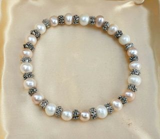 Stunning Vintage Jewellery Crafted Pink & White Real Pearl Silver Bracelet