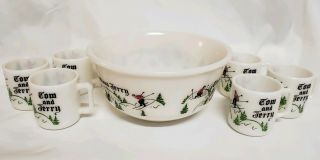 Vtg Tom & Jerry Milk Glass Punch Bowl Set Incl.  6 Matching Cups.  Ski Holiday.