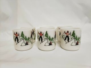 VTG TOM & JERRY MILK GLASS PUNCH BOWL SET INCL.  6 MATCHING CUPS.  SKI HOLIDAY. 2
