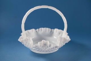Vtg Fenton Glass Hobnail Basket White Milk Glass
