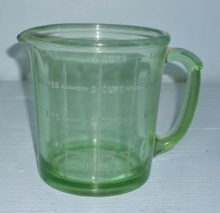 Vintage A&j Hazel Atlas Green Depression Glass 4 Cup Measuring Pitcher