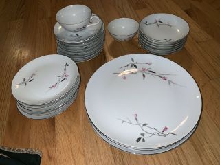 Vtg Cherry Blossom 1067 Fine China Of Japan 42 Piece Dinnerware Pink Gray Floral
