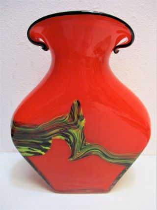 Hand Blown Vase Red Rainbow Colors Vase Art Swirl Pontil Rare Vintage 10 "
