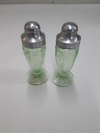 Vintage Green Cameo Ballerina Salt And Pepper Shakers Depression Glass Metal Lid