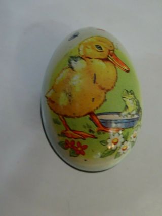 Vintage Tin Litho Metal Easter Egg Candy Holder Container Duck Chick Frog
