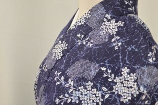 Vintage Cotton Yukata Kimono:157cm Tall Navy Blue Hydrangea/folding Fan@kn51