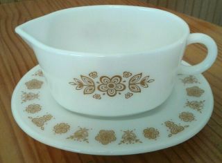 Vintage Pyrex Gravy Boat With Underplate Butterfly Gold 2 Pc.  Set Euc