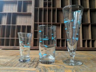 MCM Libbey Juice Fish Glasses Set Vintage Atomic Mid Century Blue Turquoise 4
