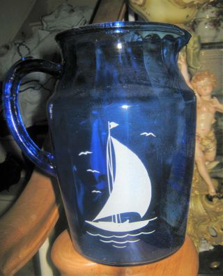 Vintage Cobalt Blue Glass Water Pitcher with Sailboats 9 inch 2