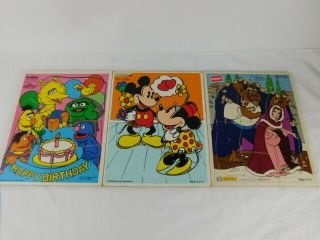 3 Vintage Wooden Puzzle Playskool Sesame Street Minnie Mickey Beauty Beast
