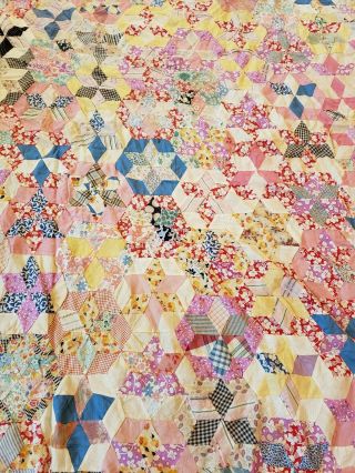 Vintage Cotton Early Star Quilt Top Stars Hand Stitched Awesome Colors Fabrics
