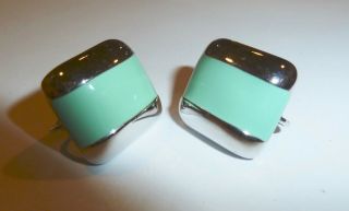 Avon Vintage Clip Earrings - Shiny Silvertone & Turquoise Enamel Squares
