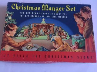 Litho Cardboard Christmas Manger Creche Nativity Set Cut Out 17 Pc Vintage