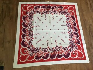 48” Square Table Cloth With Red & Purple Vintage Designs,  Floral