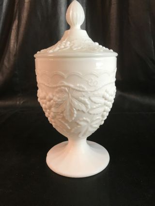 White Milk Glass Large Grapevine Footed Candy Compote Dish With Lid Vintage Euc