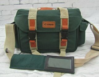 Vintage Canon Canvas Camera Bag Green Brown Leather Dslr Camcorder Carry Case