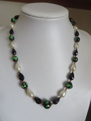 Vintage Murano Venetian Glass Bead Faux Pearl Necklace 22 Inch 56 Cm Black Green