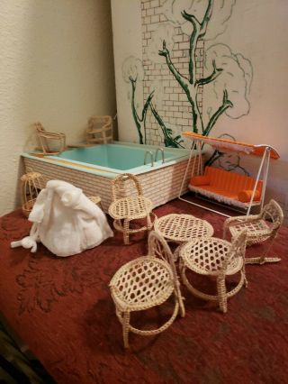 Vintage.  Lundby Pool And Extremely Rare Swing Bench And Wicker Chairs.  Great