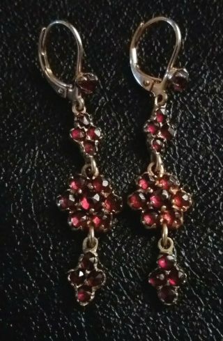 Vintage Antique Victorian 1800s Rose Cut Garnet Garnets Drop Pierced Earrings