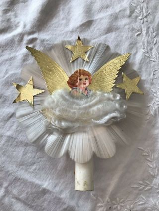 Vintage National Spun Glass Angel Hair Tree Topper Gold Foil Wings Star 1940’s
